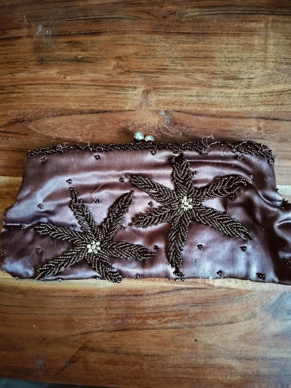 Beaded Satin Evening Clutch in Brown